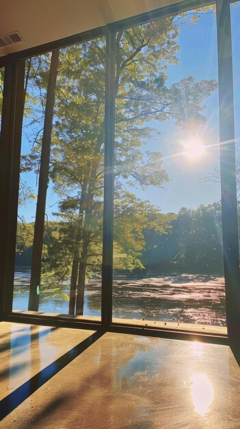 View from the window to the forest and the lake in the morning