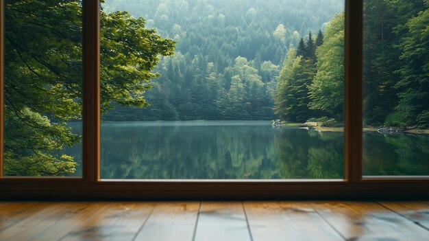 Photo view from the window green trees landscape with lake generative ai