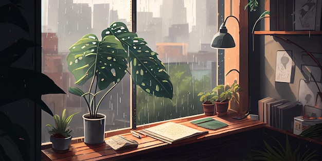 View from a window into a rainy city Rainy City View An Illustration of a PlantCluttered Desk with a View of a Rainy City Outside the Window Generative AI