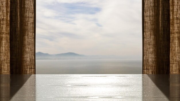 View from the window to the lake river sea Morning fog sunset sunrise blank Place