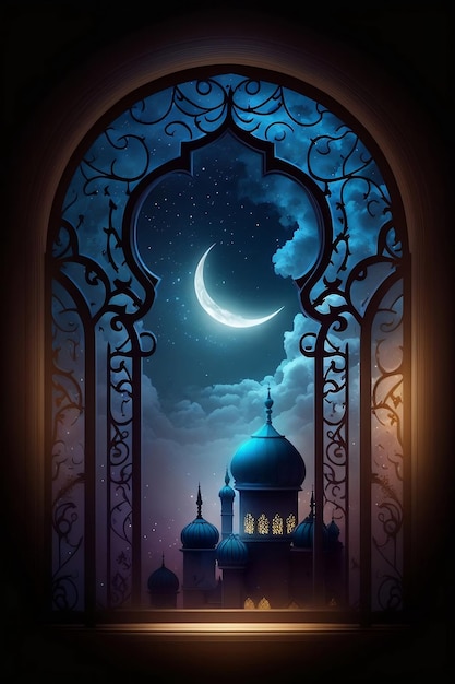 View from window on the Muslim mosque and the crescent moon at night Ai generative