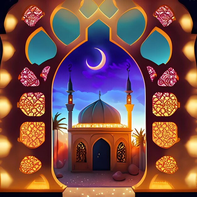 A View From A Window Of A Muslim Mosque With Colorful Lights And Decorations In The Night Desert 2