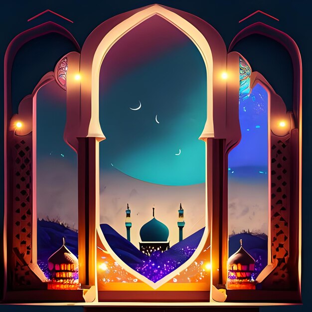 A View From A Window Of A Muslim Mosque With Colorful Lights And Decorations In The Night Desert 3