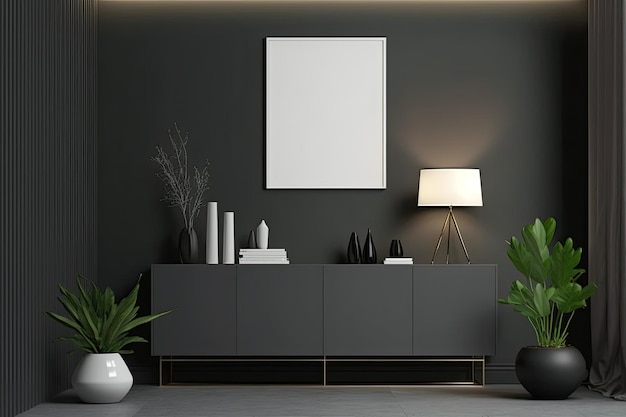 View of the front of a dark living room with an empty white poster a sideboard candles