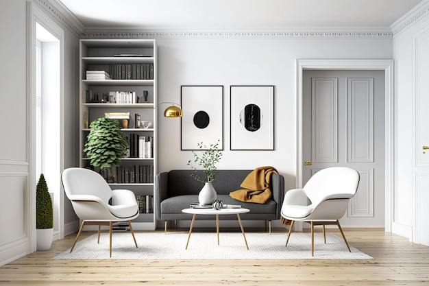 View of the front of a lightcolored living room that includes a coffee table armchairs a blank wall