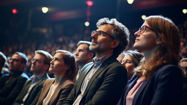 Photo view of the full hall with the audience business people at a conference event selective focus