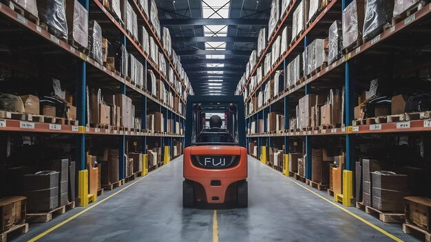 View of full warehouse with forklift