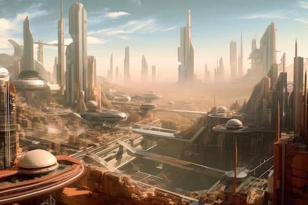 View of futuristic city on mars with towering buildings and bustling streets