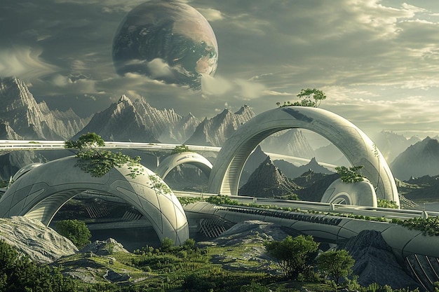 Photo view of futuristic city with lots of vegetation and greenery