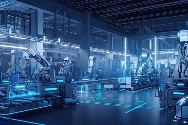 View of futuristic factory with robotic assembly lines and advanced technology