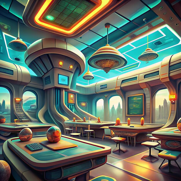 View of the futuristic and hightechnology classroom for students illustration