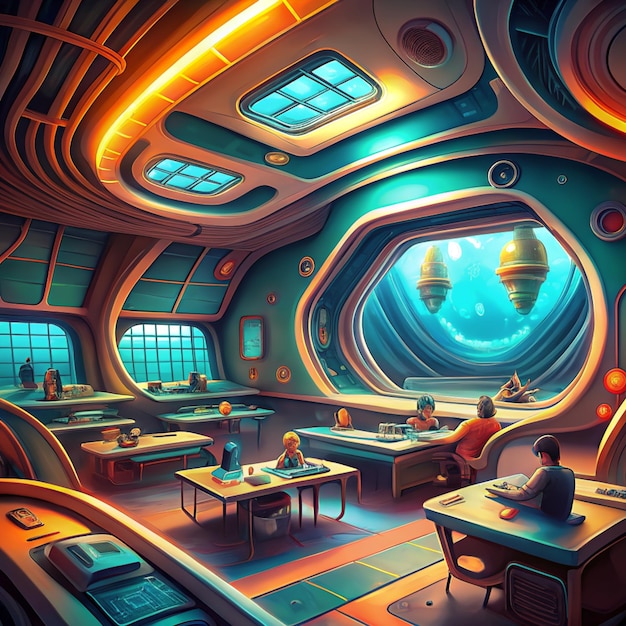 View of the futuristic and hightechnology classroom for students illustration