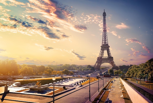 View on gardens Trocadero and Eiffel tower at sunrise, Paris