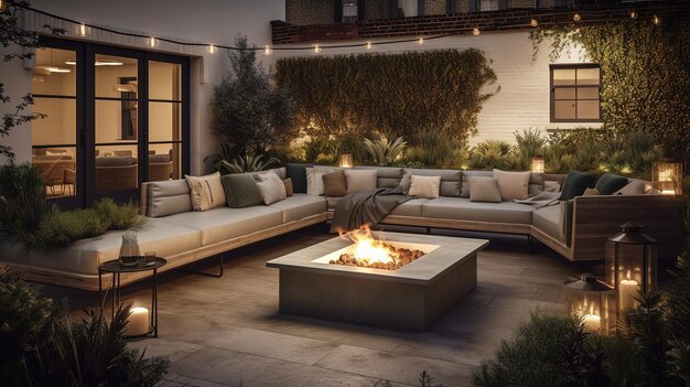 View of gas fire pit and sofa in courtyard Generative Ai