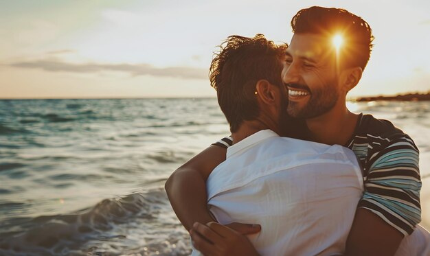 View of gay couple being affectionate and spending time together of the beach