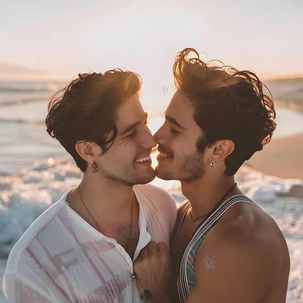 View of gay couple being affectionate and spending time together of the beach