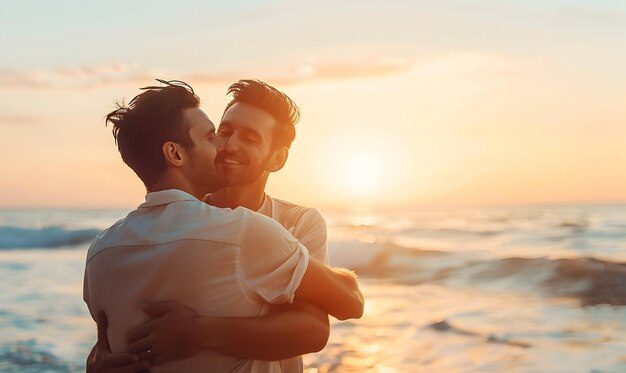 View of gay couple being affectionate and spending time together of the beach