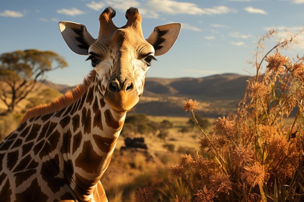 View of a giraffe stopped in a hill examining the imagined landscape generative IA