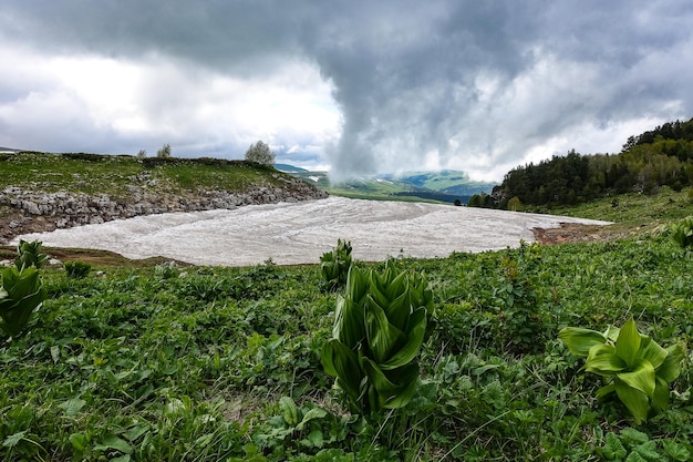 View of the glacier near the LagoNaki plateau in Adygea The Caucasus Mountains Russia 2021