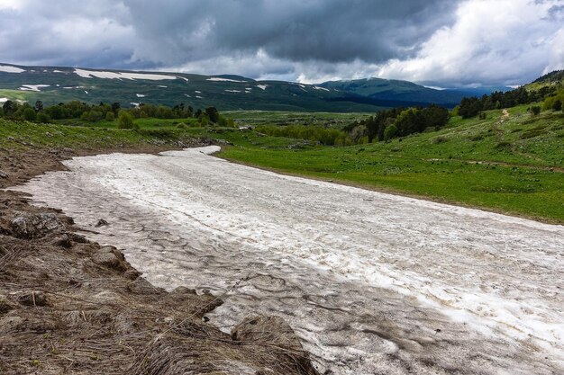 View of the glacier near the LagoNaki plateau in Adygea The Caucasus Mountains Russia 2021