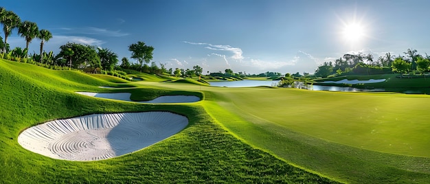 View of a golf course in Thailand with lush green grass beautiful scenery with sand pits bunker beside the greens and golf holes blue sky sunny day