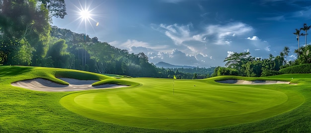 View of a golf course in Thailand with lush green grass beautiful scenery with sand pits bunker