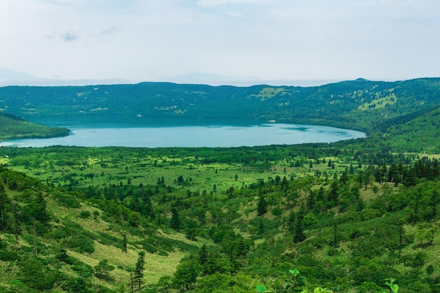 View of the Golovnin volcano caldera with hot lake on Kunashir island