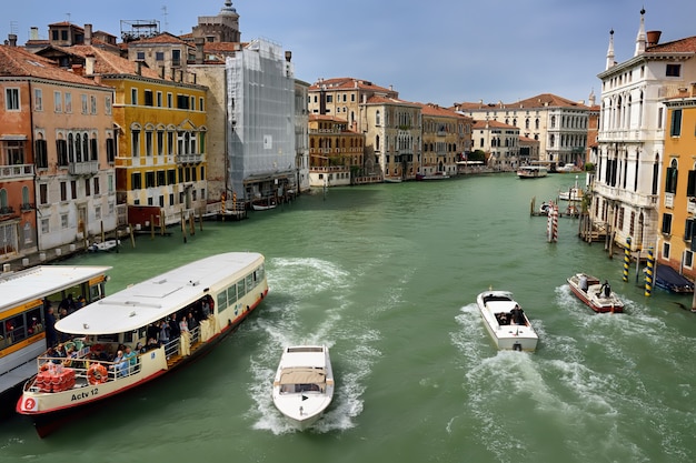 View of Grand Canal of Venice with boats, vaparettos and motorboats