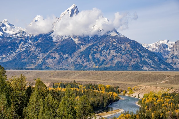 View of the Grand Teton mountain range from the Snake River Overlook