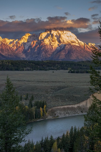 View of the Grand Teton mountain range from the Snake River Overlook