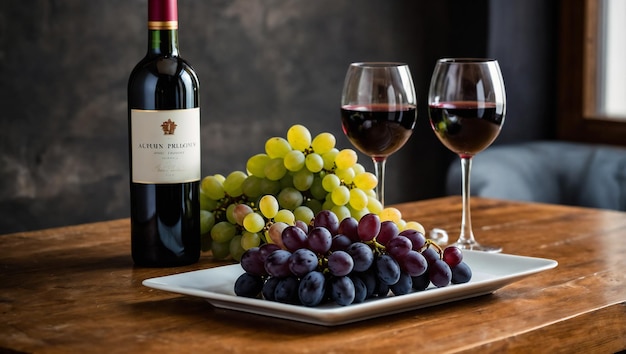 View of grapes on a wooden table next to a bottle of wine and glasses