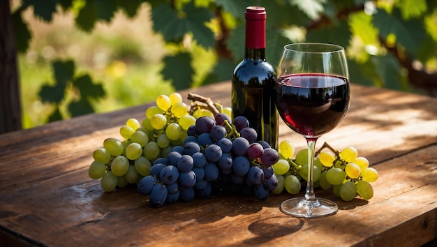 View of grapes on a wooden table next to a bottle of wine and glasses