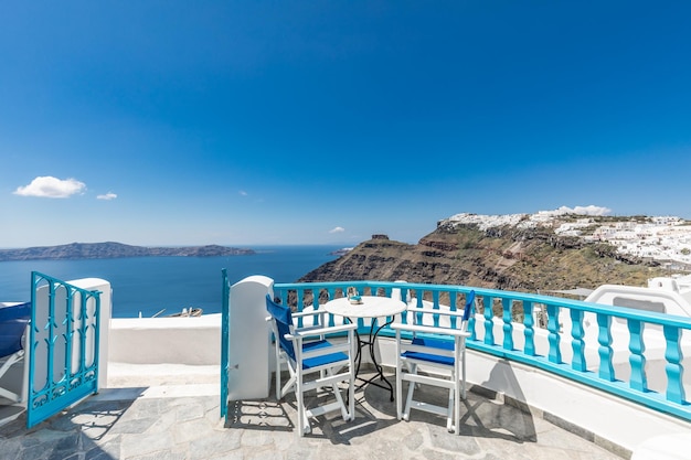 View of Greece Santorini, caldera view from restaurant, beautiful sea view and white architecture