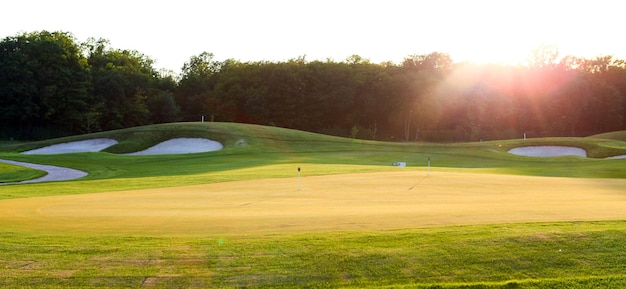 View of the green golf field and sun light