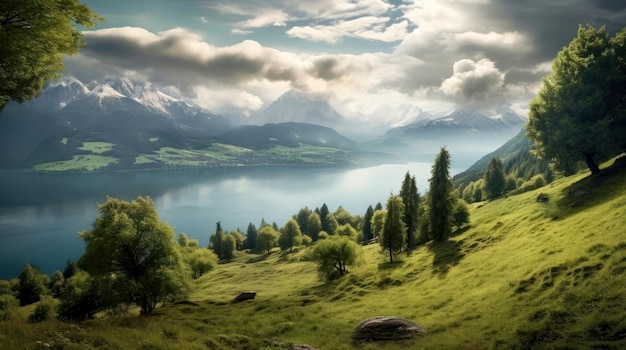 View of a green landscape with trees a lake and mountains in Switzerland