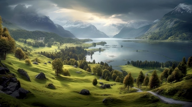 View of a green landscape with trees a lake and mountains in Switzerland