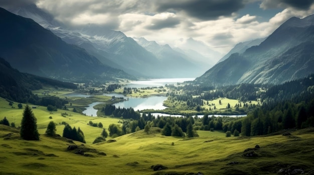 View of a green landscape with trees a lake and mountains in Switzerland