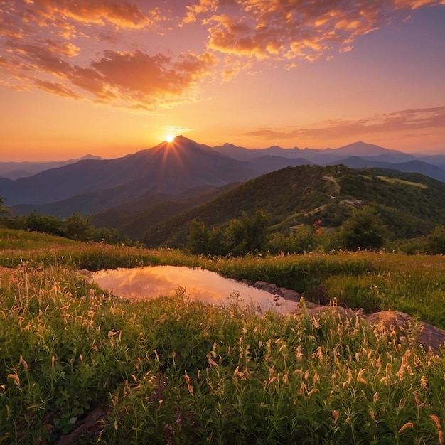 View of the green mountains and hills at sunset beautiful summer landscape