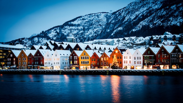 View of Hanseatic houses in Bergen at Christmas