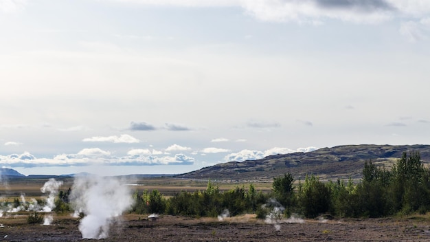 View of Haukadalur geyser valley in Iceland