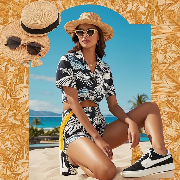 Photo view of hawaiian shirt with sneakers and hat