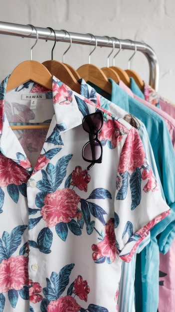 View of hawian shirts with floral print on hangers and sunglasses