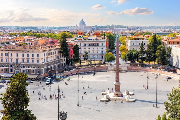 View on he Egyptian Obelisk and fountains in Piazza del Popolo, Rome, Italy.