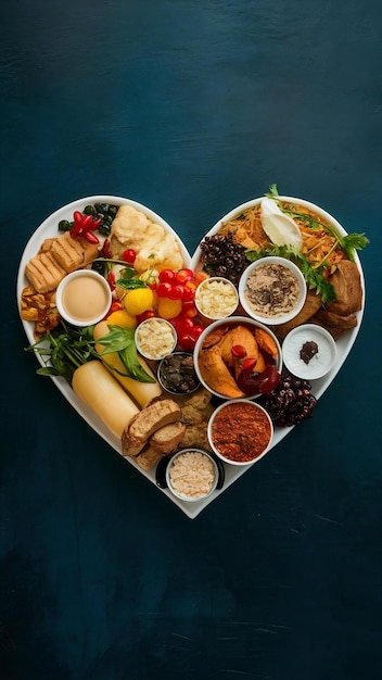 View of heart shape with assortment of food categories