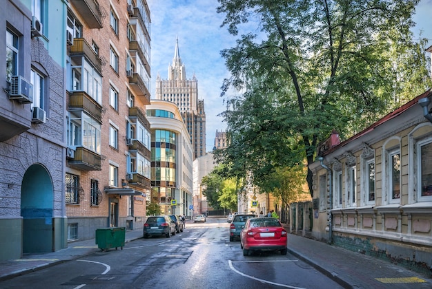 View of the high-rise building of the Ministry of Foreign Affairs from Sitsev Vrazhek Lane in Moscow