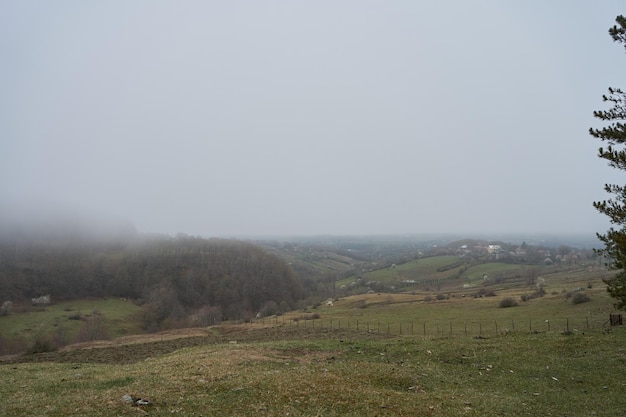 View of the highmountain valley heavy fog Limited visibility