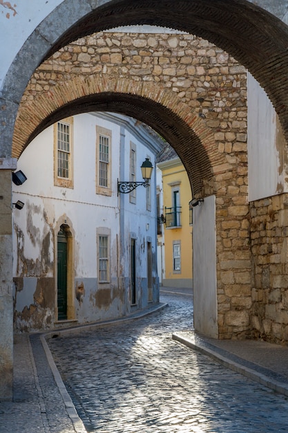 View of the historical streets on the old town of Faro, Portugal.