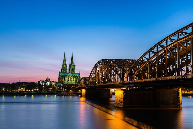 A view of Hohenzollern and cologne cathedral and at sunset in germany. Taken outside with a 5D mark III.