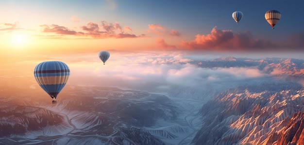 View of hot air balloon flying over mountains at sunset