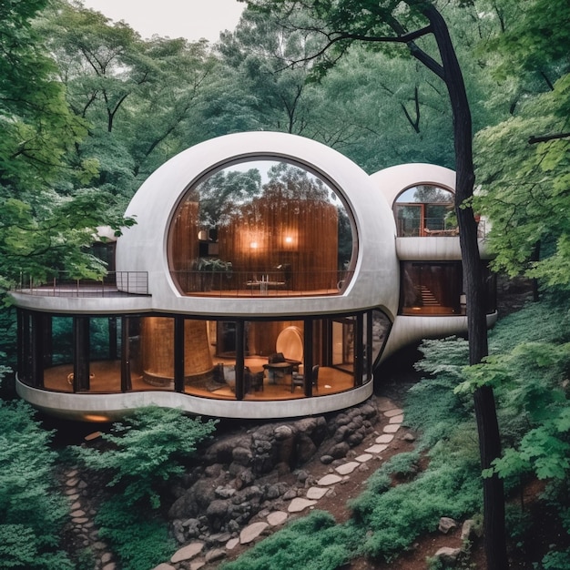 a view of a house with a circular window in the middle of a forest generative ai